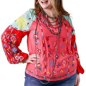 Savanna Jane Embroidered Floral Pink Fiesta Flare Long Sleeve Top Size M